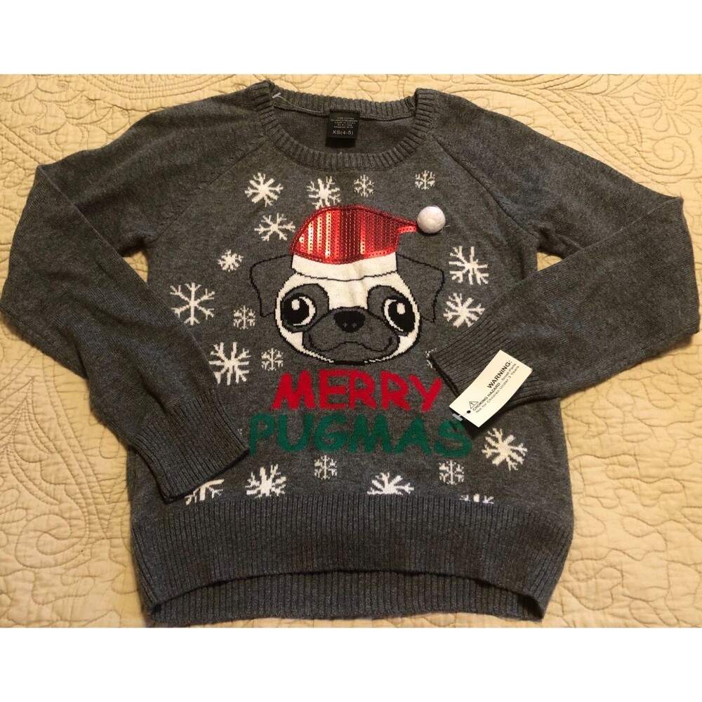 Girls Merry Pugmas Gray Sweater Size 4/5 NWT B4